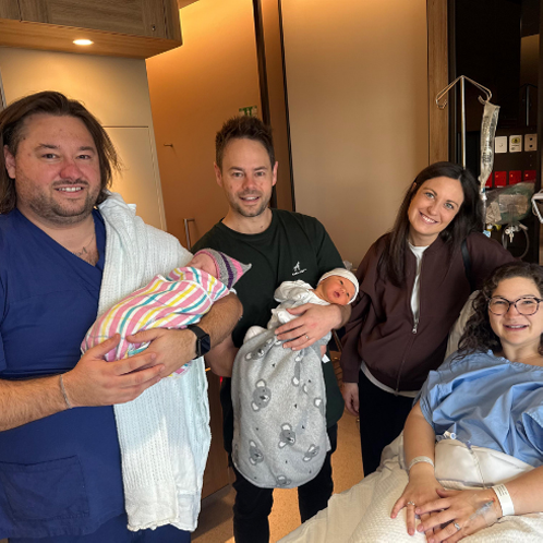 Brothers Jesse and Justin, with wives Phoebe and Sara with their newborn babies