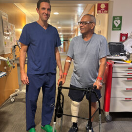Mr Scott Tulloch, orthopaedic surgeon with patient Gerard after using the new MAKO robot.