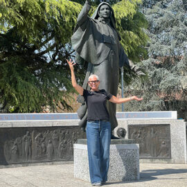 Sharon Sherwood with Mother Cabrini statue